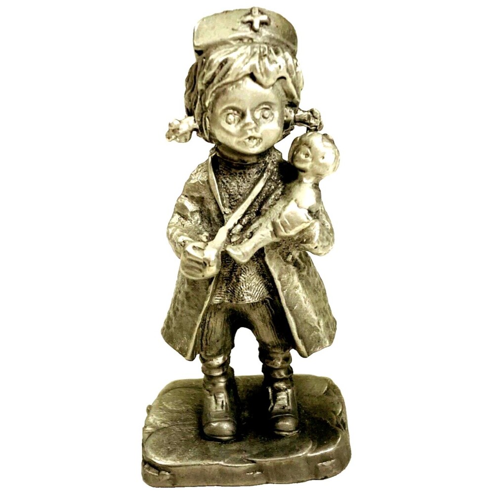 BDA Pewter John Sullivan Nurse Figurine Vtg 2.75" Silver Baby Doll Hospital 1975